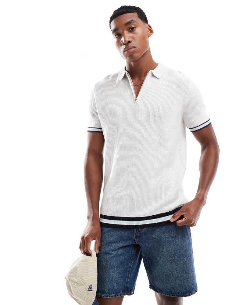 Brave Soul Brave Soul Zip neck knitted polo with contract trim in natural