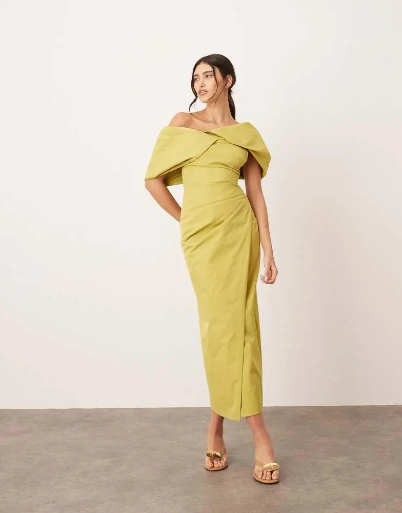 ARRANGE bardot pleat maxi dress with wrap detail in chartreuse-Multi ARRANGE bardot pleat maxi dress with wrap detail in chartreuse-Multi