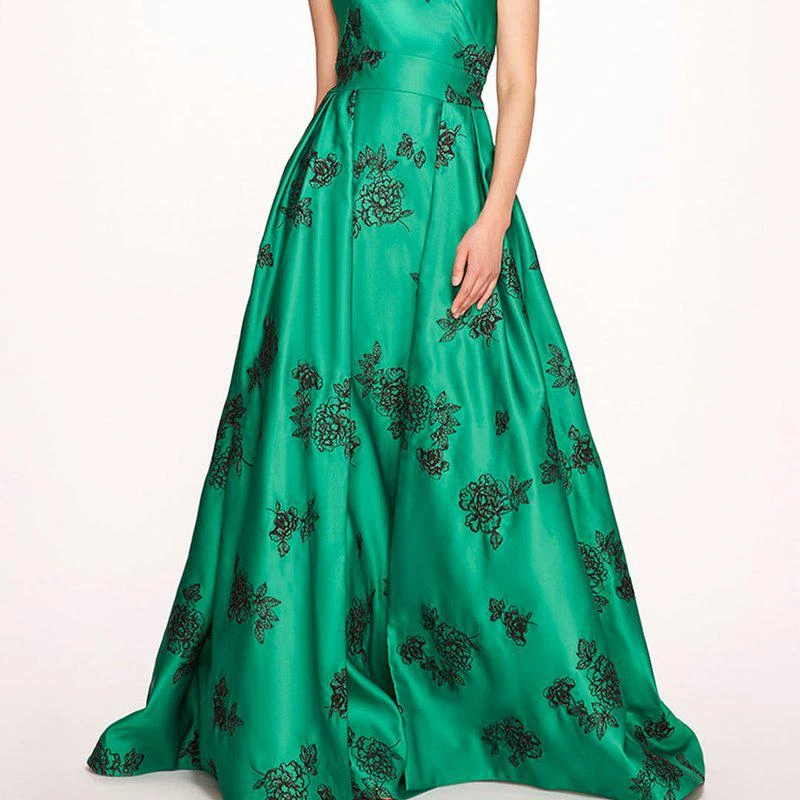 MARCHESA One Shoulder Marigold Ball Gown Emerald Combo 1