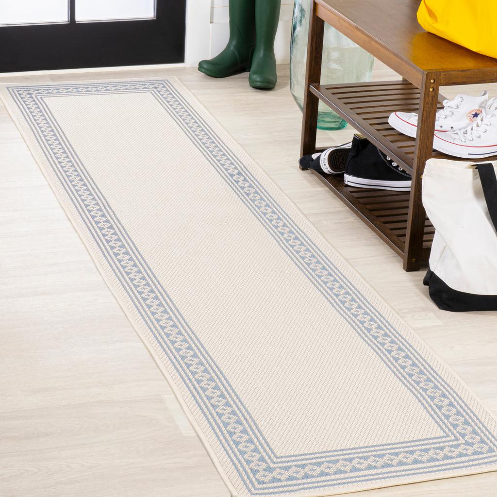 JONATHAN Y Lucia Classic Diamond Border Indoor/Outdoor Cream/Blue Runner Rug