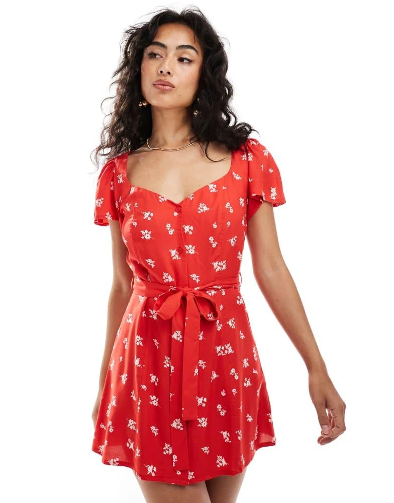 ASOS ASOS DESIGN button through mini tea dress with tie back in red ditsy floral print 2