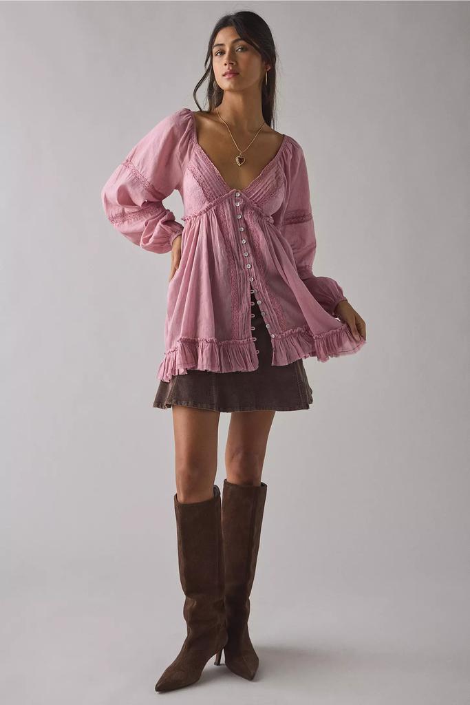 Kimchi Blue Delphine Lace Trim Long Sleeve Babydoll Tunic Top – On