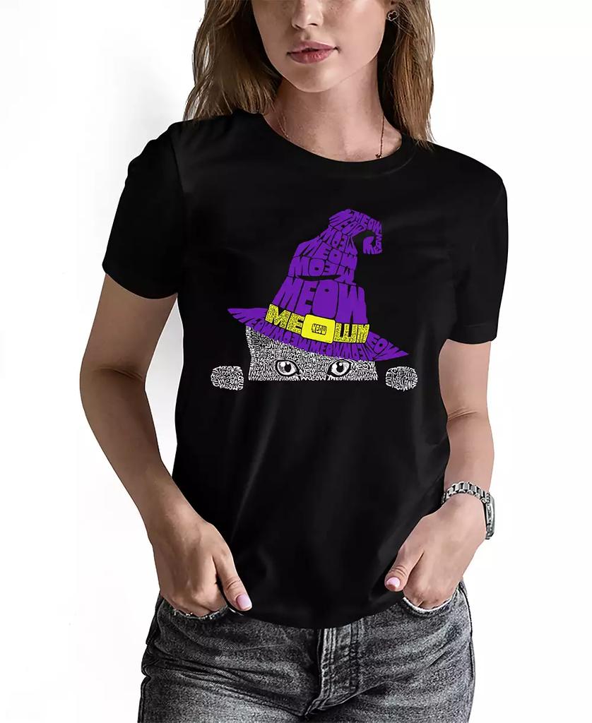 LA Pop Art Women's Peeking Witch Cat Word Art Crew Neck T-Shirt