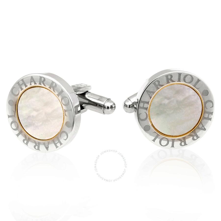 Charriol Men's Cufflinks Round Steel with White Mother of Pearl