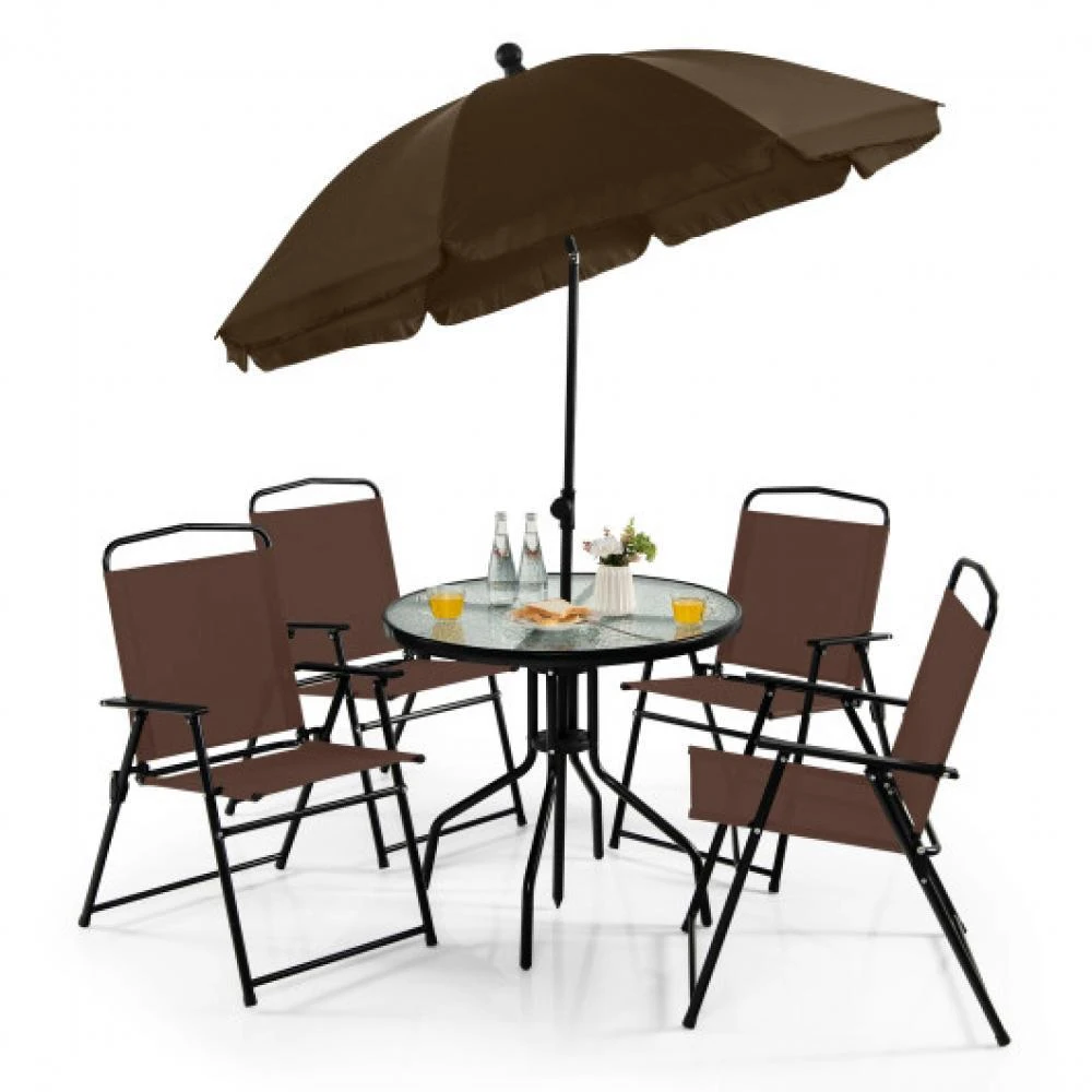 Hivvago 6 Pieces Patio Dining Set Folding Chairs Glass Table Tilt Umbrella for Garden-Coffee 2