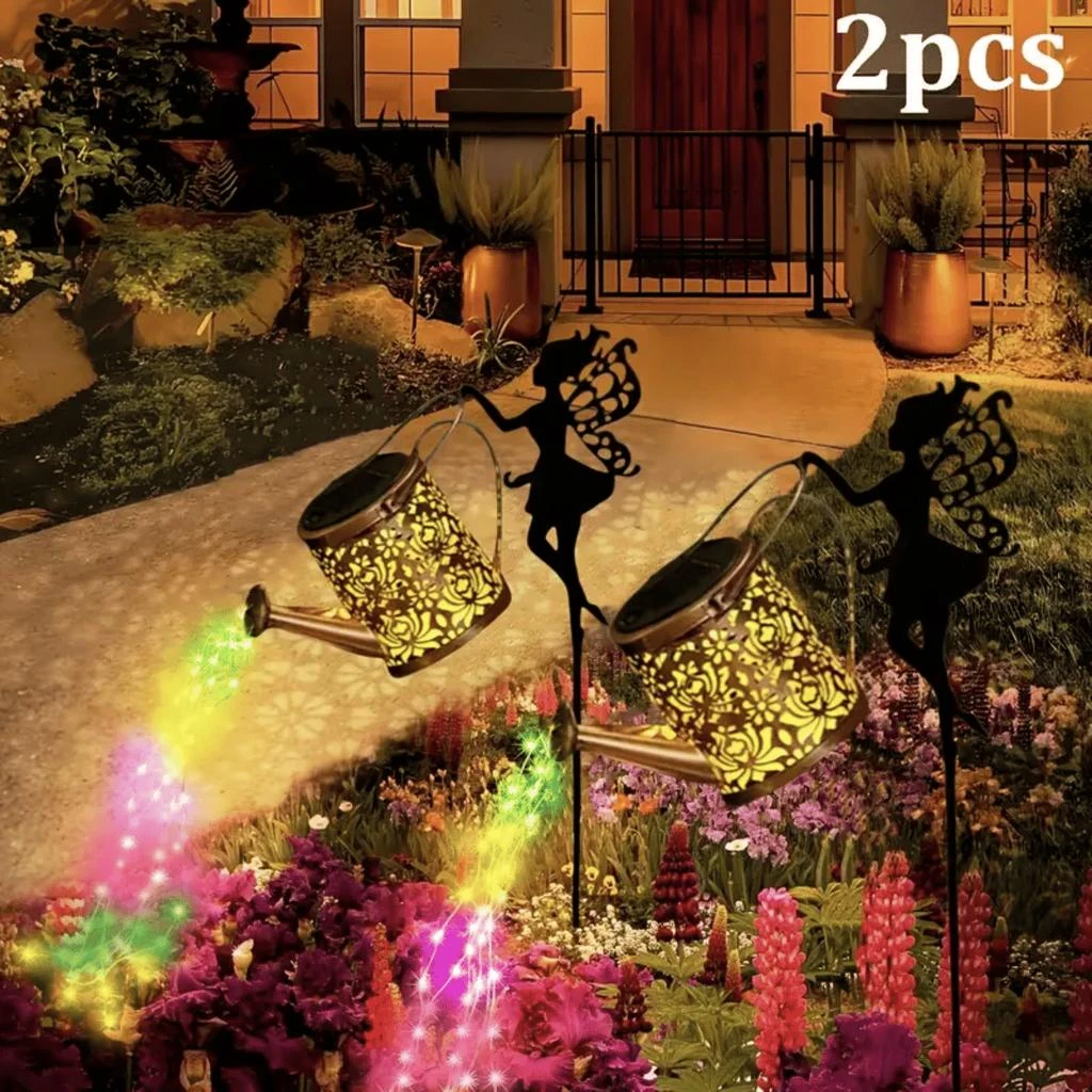 ERUULE 2Pcs Outdoor Solar Watering Can with Lights Garden Decor Large Solar Powered Lanterns Hanging Waterproof LED Decorative Retro Metal Kettle String - RGB Lights