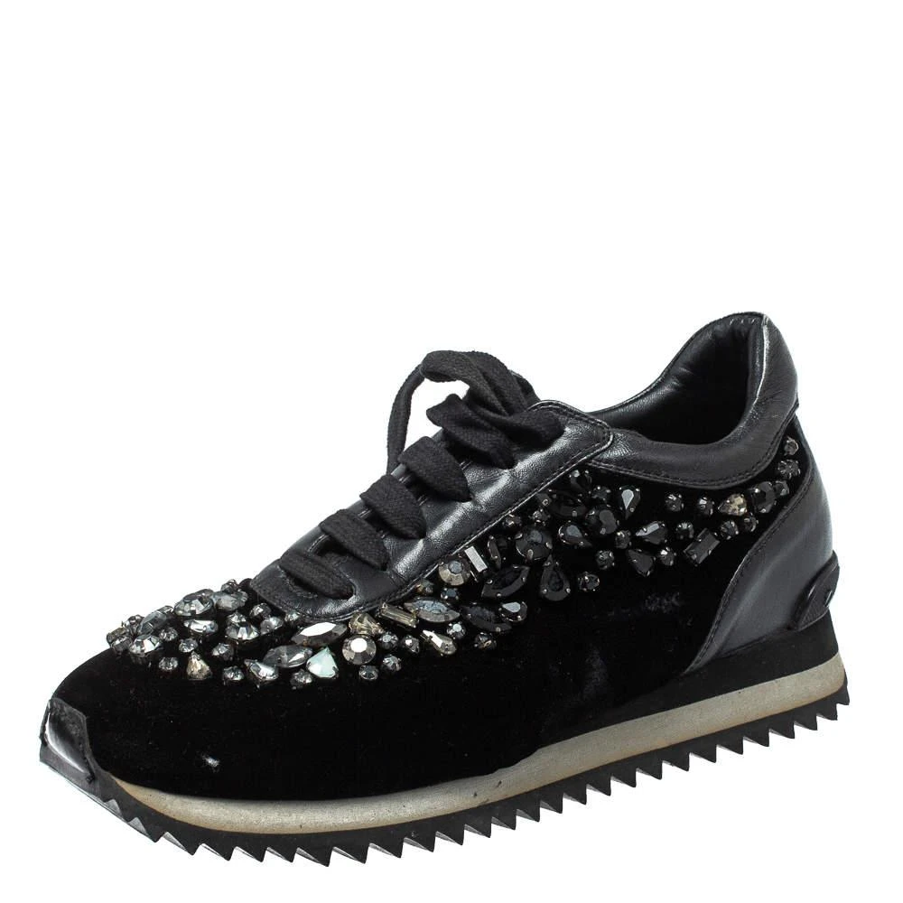 LE SILLA Le Silla Black Velvet and Leather Crystal Embellished Low Top  Sneakers Size 36.5 1