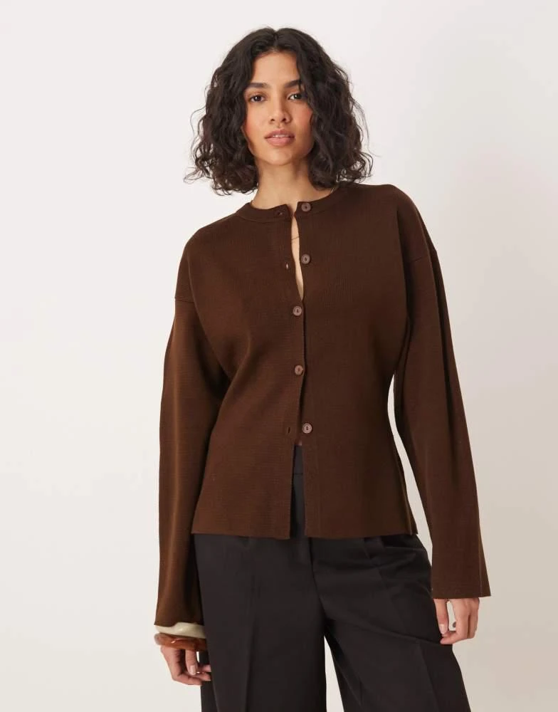 ASOS ASOS DESIGN knitted structured crew neck cardigan in dark brown 1
