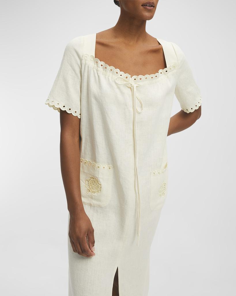 Sleeper Sofia Scalloped Embroidered Linen Midi Dress