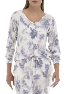 Love, Fire Fire Printed Slub Hacci Long Sleeve V Neck Sleep Shirt