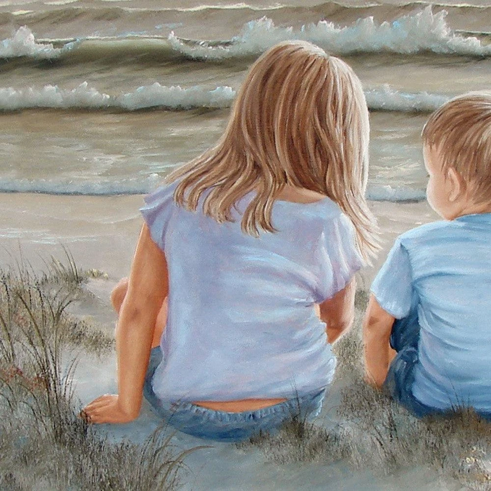 Hivvago Boy and Girl Sitting in Dunes Brown Framed Print Wall Art 3