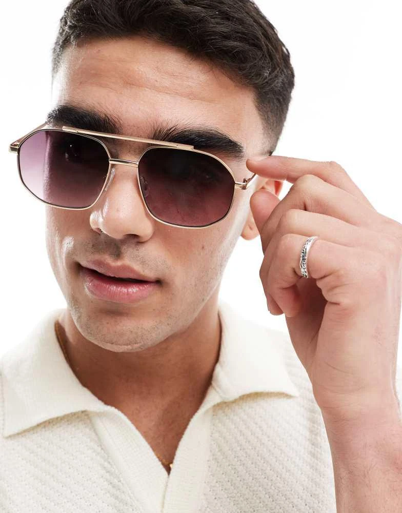 ASOS ASOS DESIGN aviator sunglasses with burgundy lens and gold metal frame 2