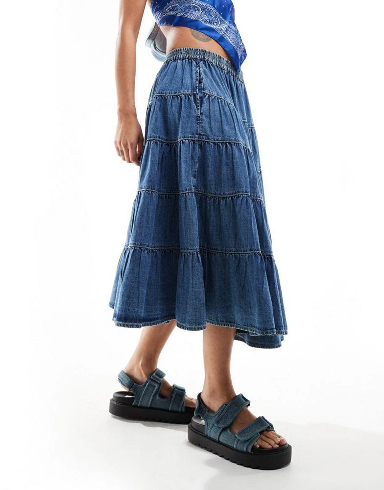 Free People Free People tiered chambray midi skirt in blue 5