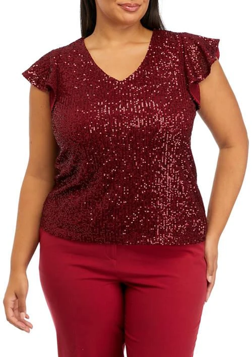 THE LIMITED Plus Size V-Neck Flutter Sleeve Sequin Top