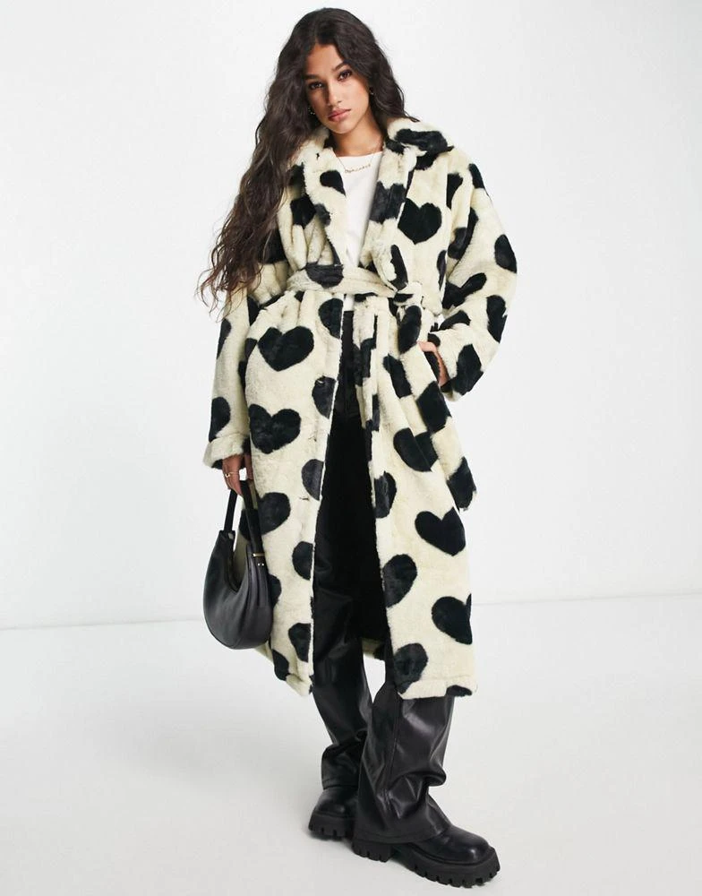 Pieces Pieces longline faux fur coat in black & white heart print 1