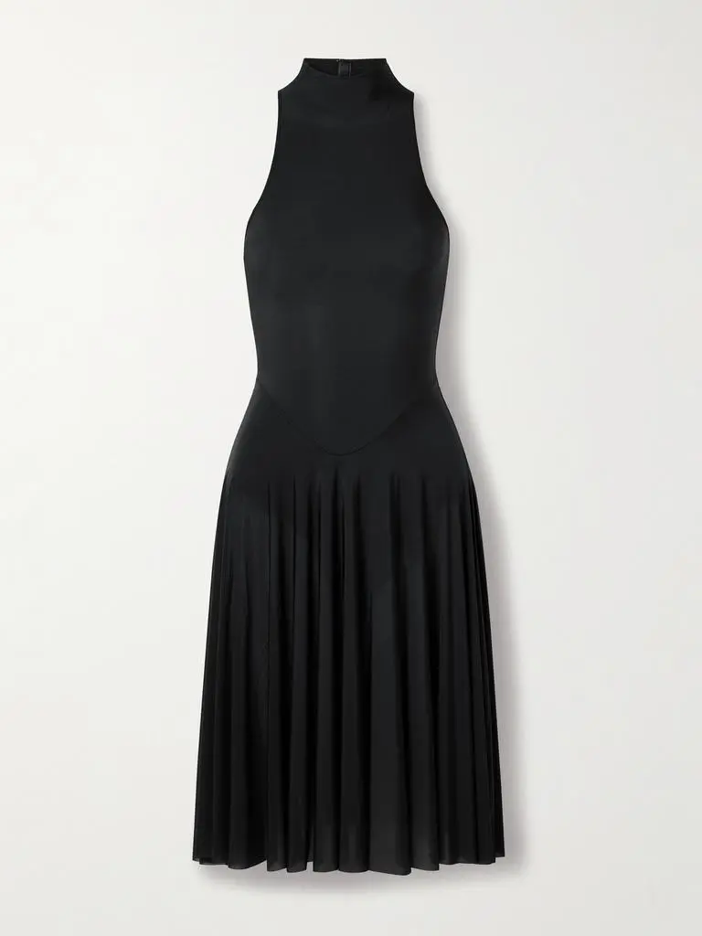 skims milky sheer high neck dress SKIMS Women's Milky Sheer High Neck Midi Dress - Obsidian