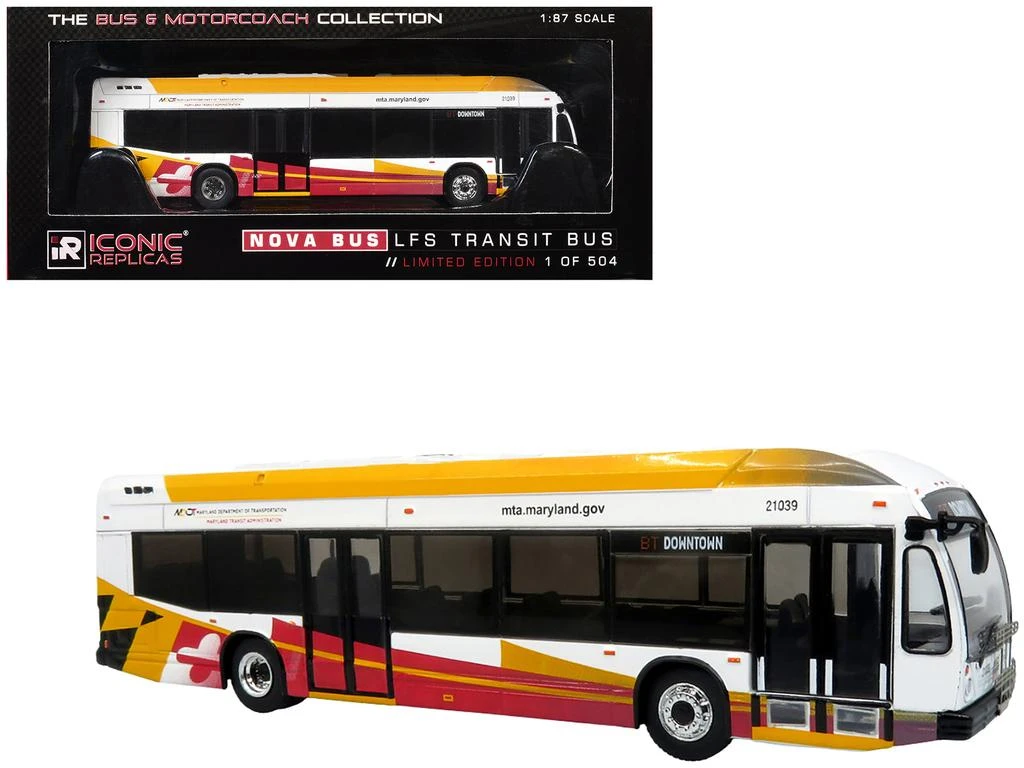 Iconic Replicas Nova Bus LFSH Hybrid Transit Bus MTA Maryland White Red Yellow Graphics 1/87 HO Limited Edition 504 pcs