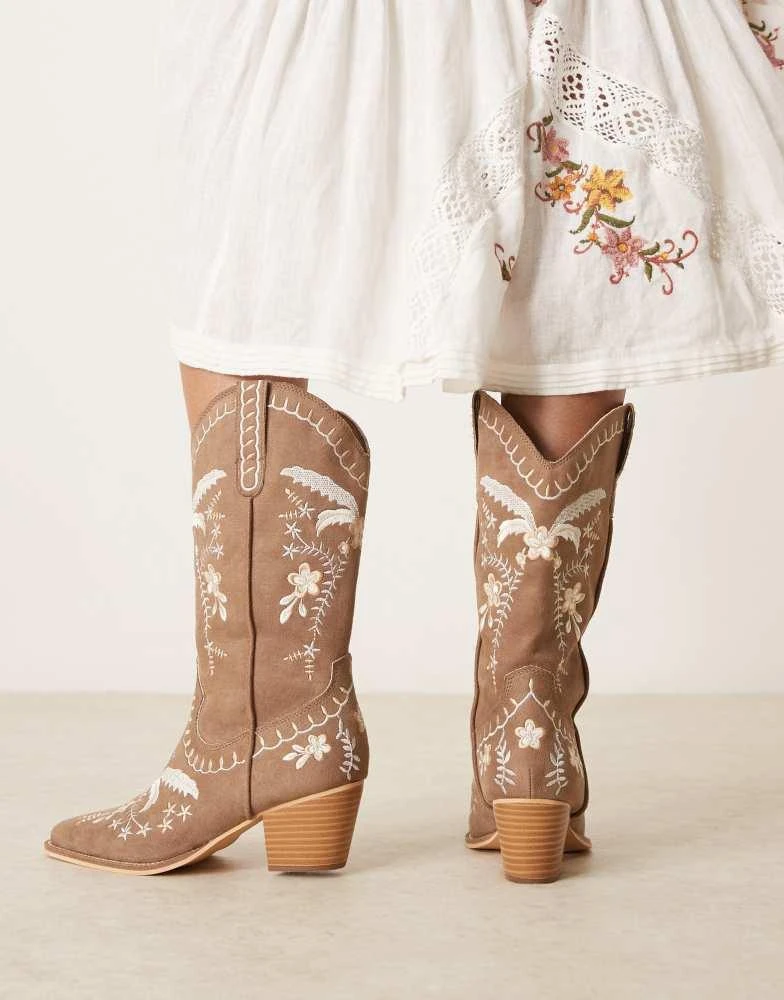 Glamorous Glamorous embroidered western knee boots in tan 4