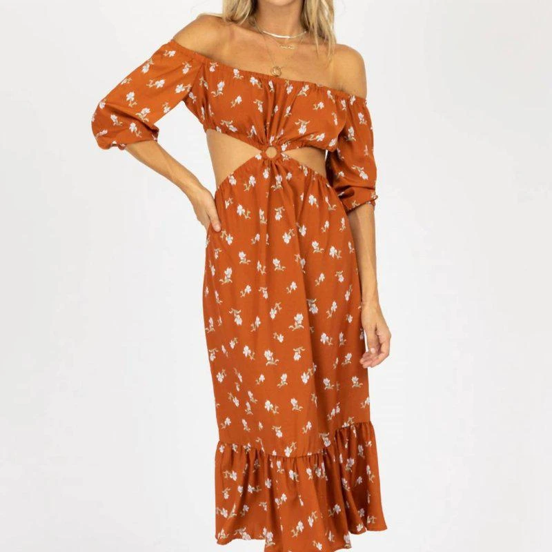Endless Blu Floral O-Ring Midi Dress In Rust 1