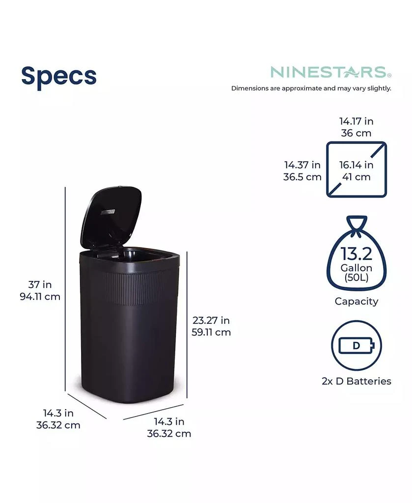 NINESTARS 13 Gallons Automatic Kitchen Trash Can, 50 Liters Touchless Motion Sensor Trash Can Black Plastic 2