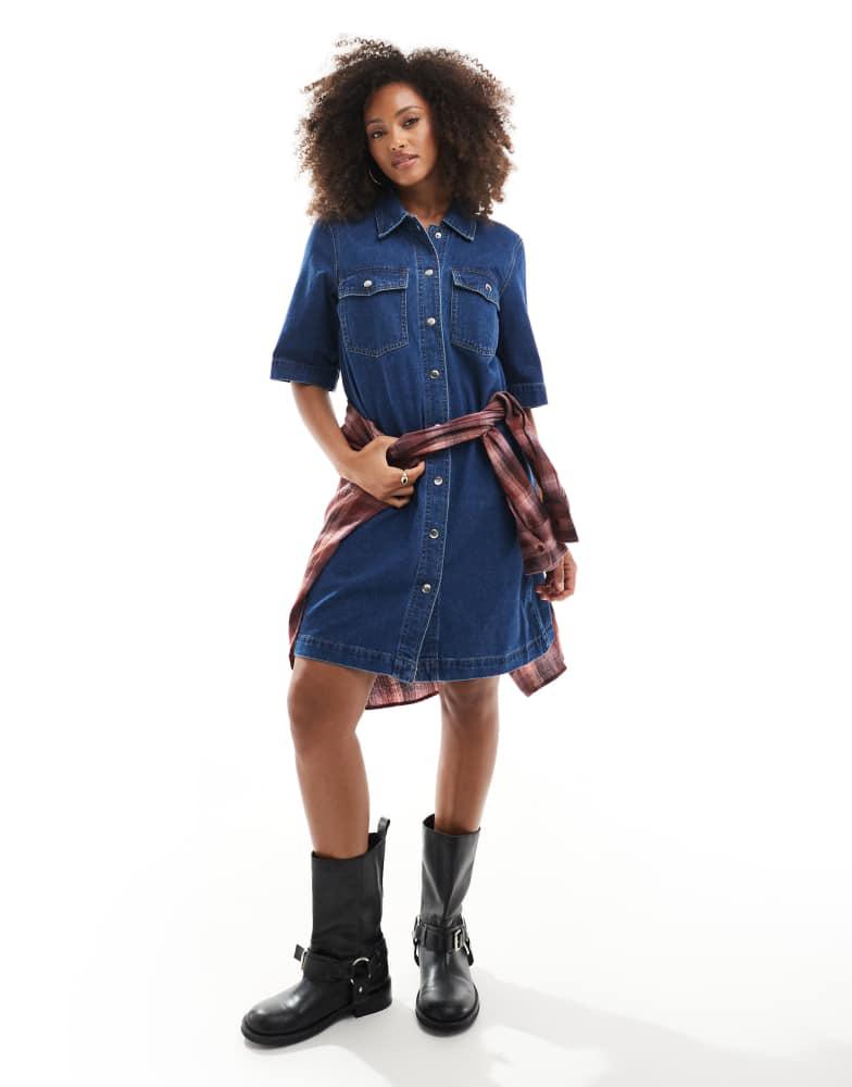 ONLY ONLY short sleeve denim dress in dark wash blue