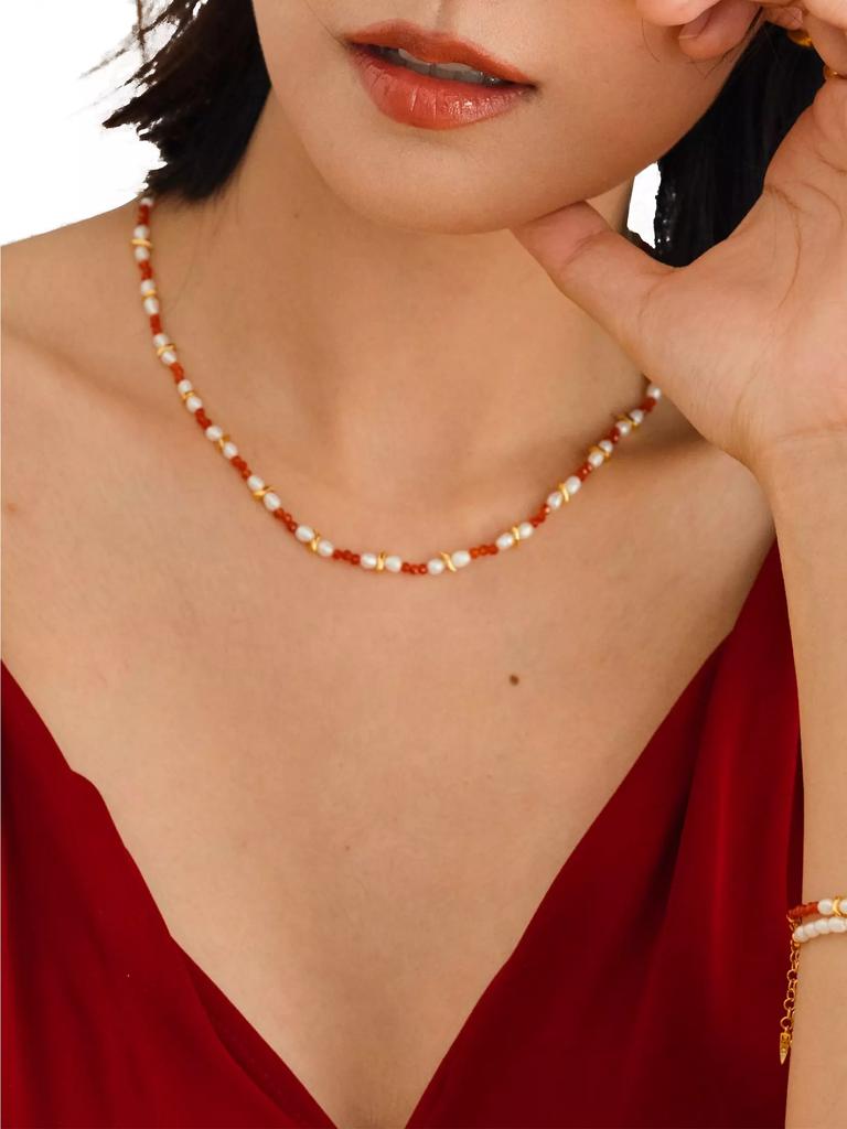 Missoma Savi 18K-Gold-Plated, Garnet & Freshwater Pearl Beaded Necklace