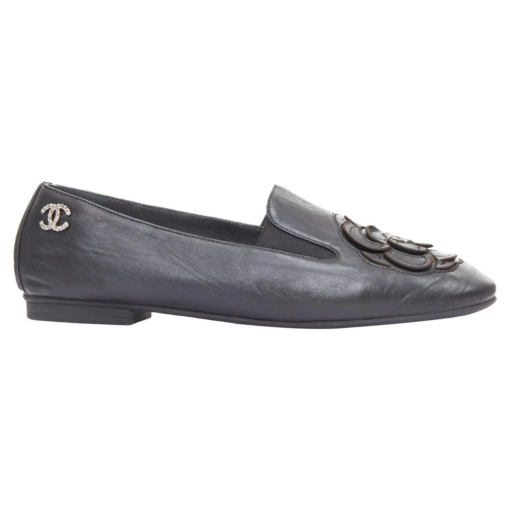 Chanel black leather camellia loafers 1