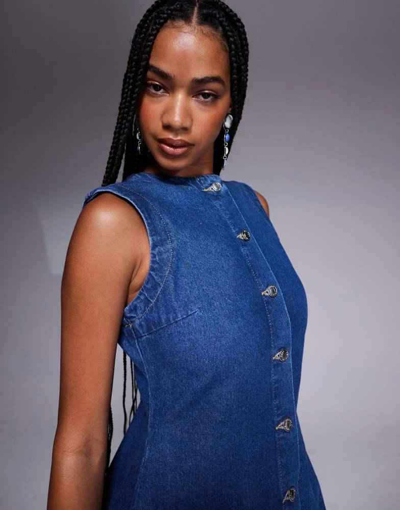 ASOS Design round neck denim maxi dress with button front opening in mid blue