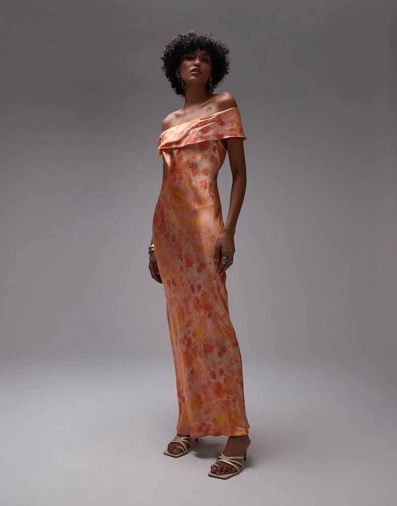 Topshop Topshop drape shoulder maxi occasion dress in blurred orange floral 1