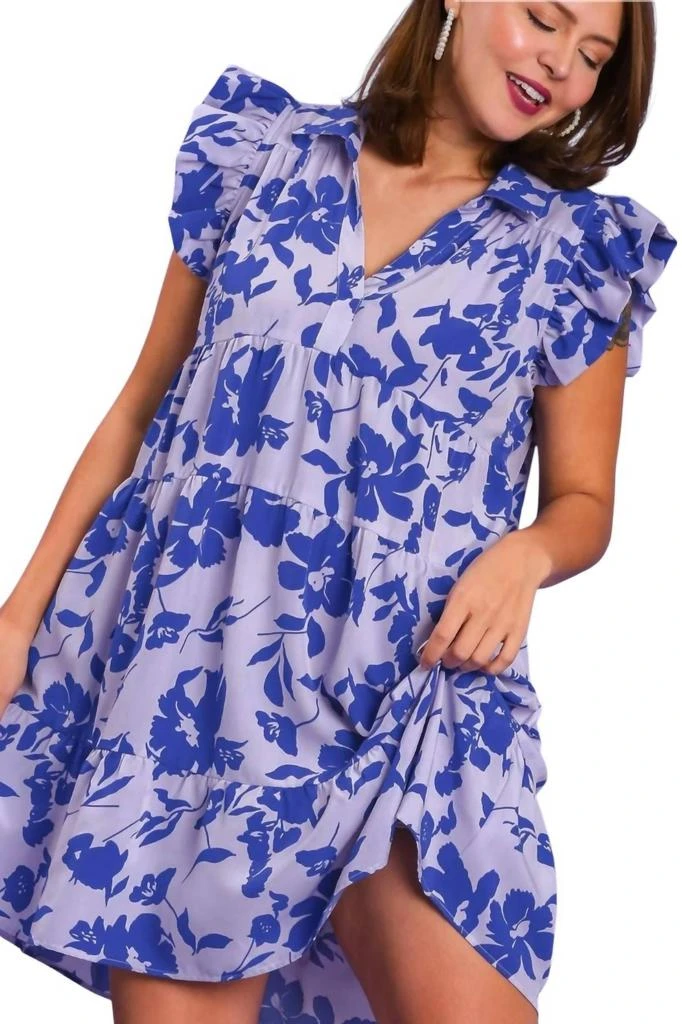 knee length dresses for ladies Umgee black mix floral midi collared dress with 3/4 puff sleeves K0945 –  rivers + roads boutique main image 1