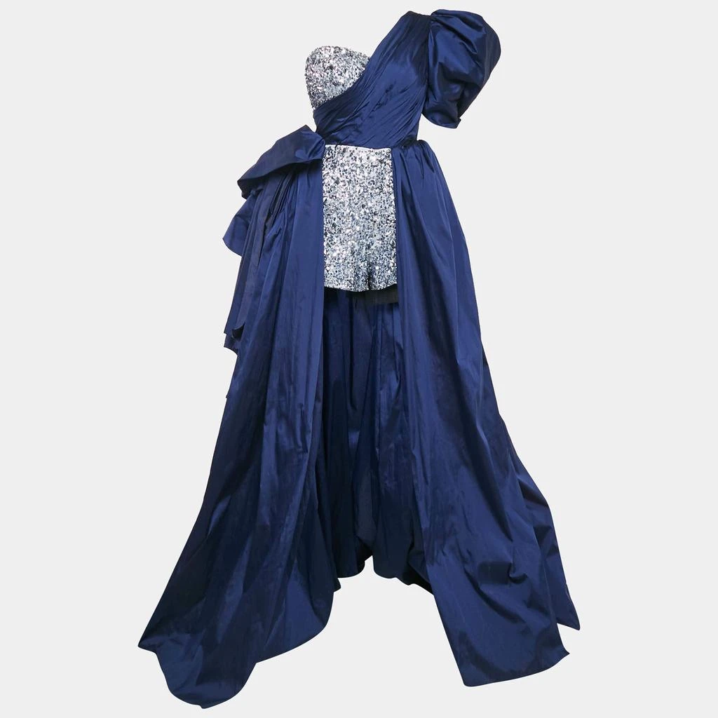 Amelie Baku Amelie Baku Blue Sequin Embellished Satin Draped One Shoulder Gown S 1