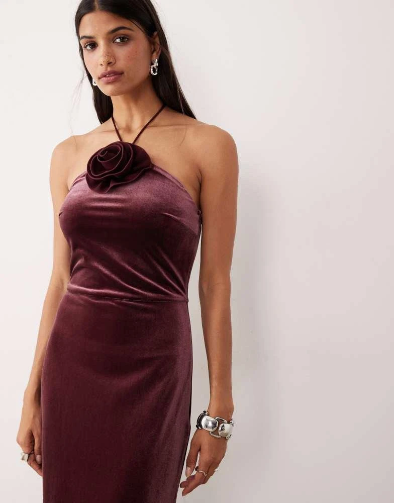 YAS YAS velvet halterneck maxi dress with rosette in burgundy 2