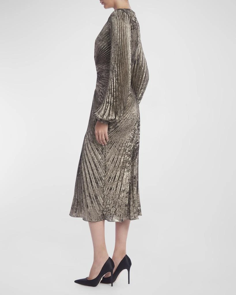 Badgley Mischka Pleated Metallic Blouson-Sleeve Midi Dress 2
