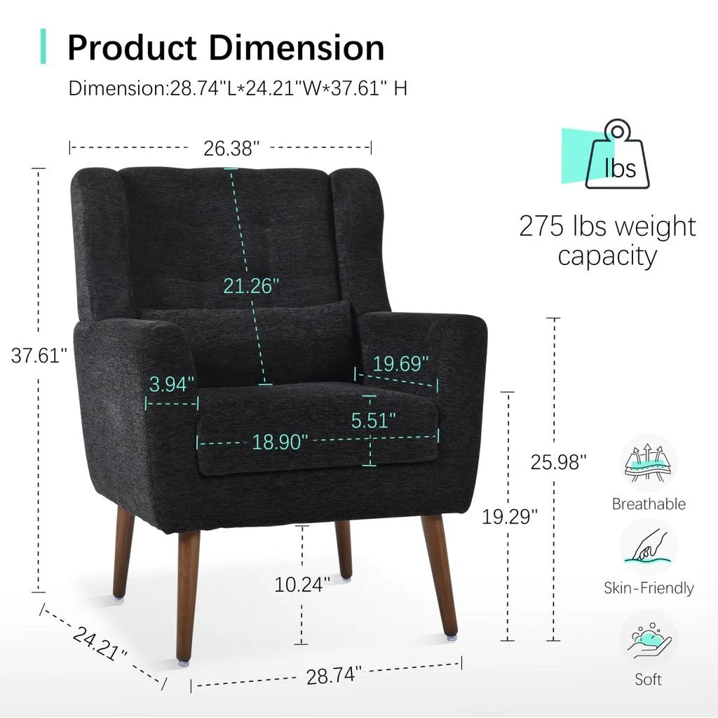 Streamdale Furniture Streamdale Modern Chenille Accent Lounge Chair w/ Throw Pillow (Black) 6