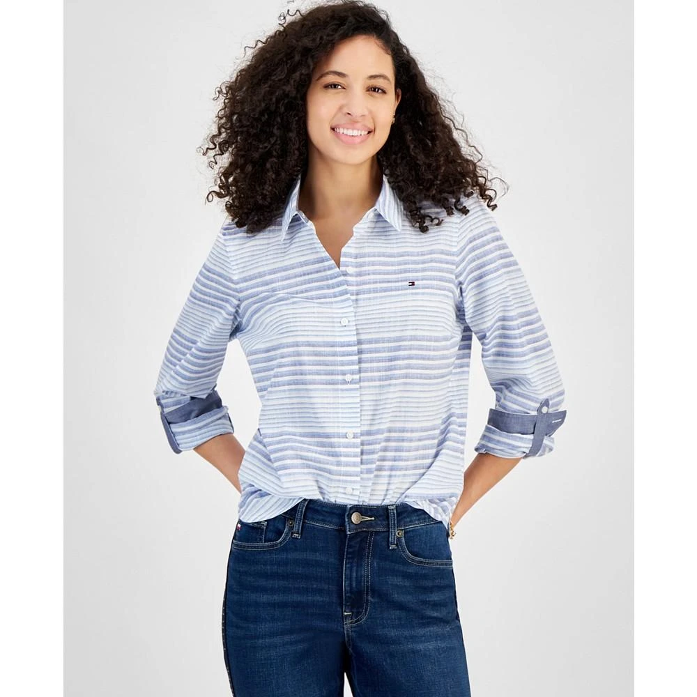 Tommy Hilfiger Women's Beach Stripe Cotton Roll-Tab Shirt 1