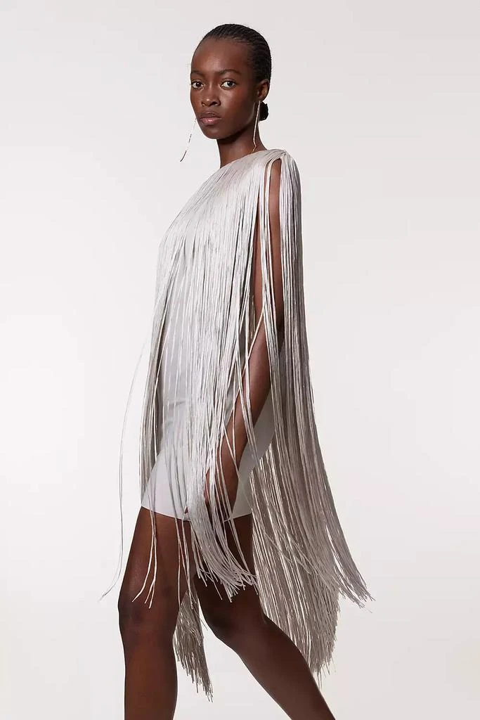 Karen Millen Petite Figure Form Bandage One Shoulder Fringe Mini Knit Dress in Silver | Size Small