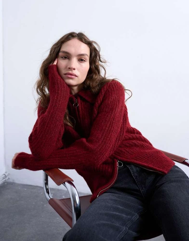 Topshop Topshop knitted collar zip ring cardigan in red 1