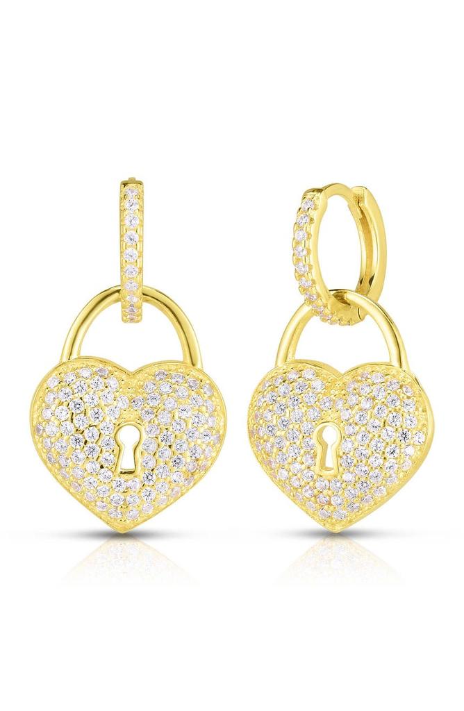 Sphera Milano 14K Gold Plated Sterling Silver CZ Heart Lock Huggie Earrings