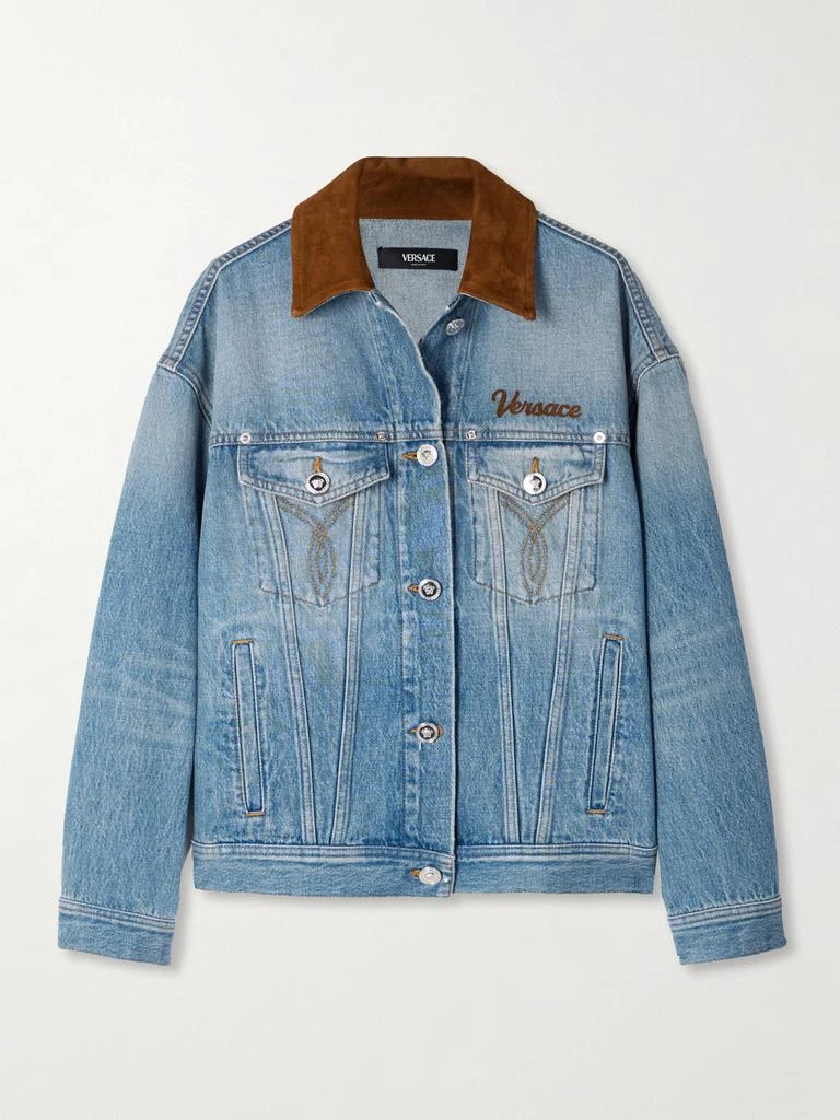 Versace Suede-trimmed Denim Jacket - Mid denim - IT40
