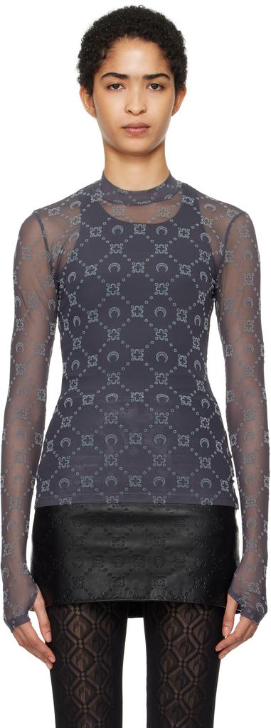 Shop Gray Monogram Mesh Second Skin Highneck Top on Sale at