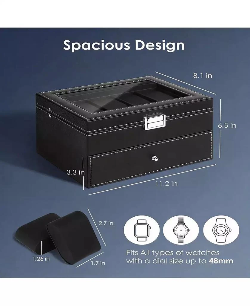 YIGII 20-Slot PU Leather Watch Box with Clear Glass Lid and Removable Cushions 4