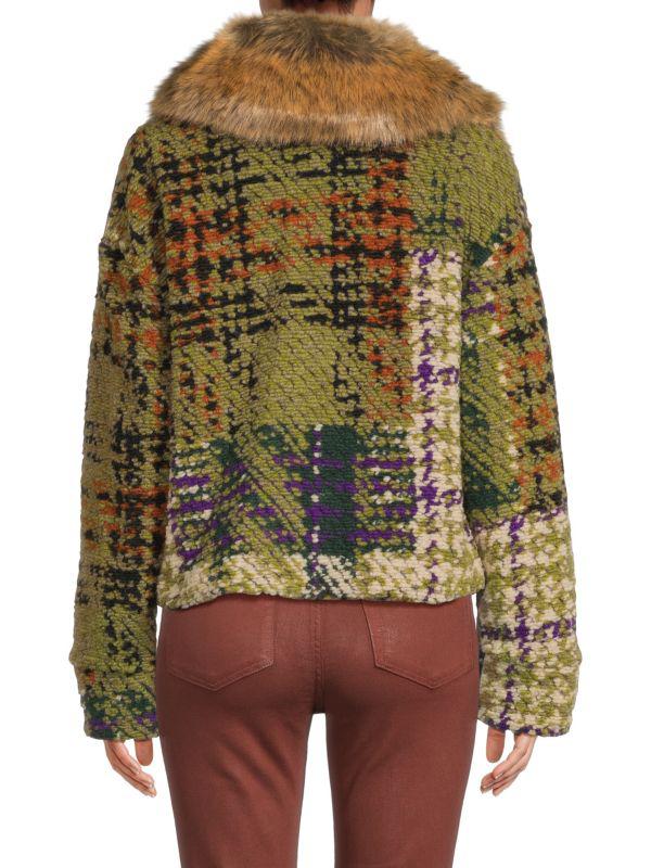 La Fiorentina Faux Fur Trim Plaid Jacket