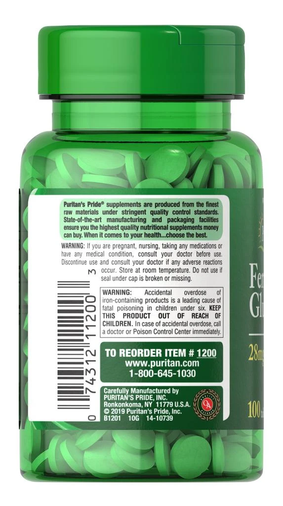 Puritan's Pride Ferrous Gluconate (28 mg Iron) 100 Tablets 3