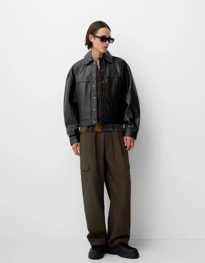 Bershka Bershka Collection leather bomber jacket in black 1