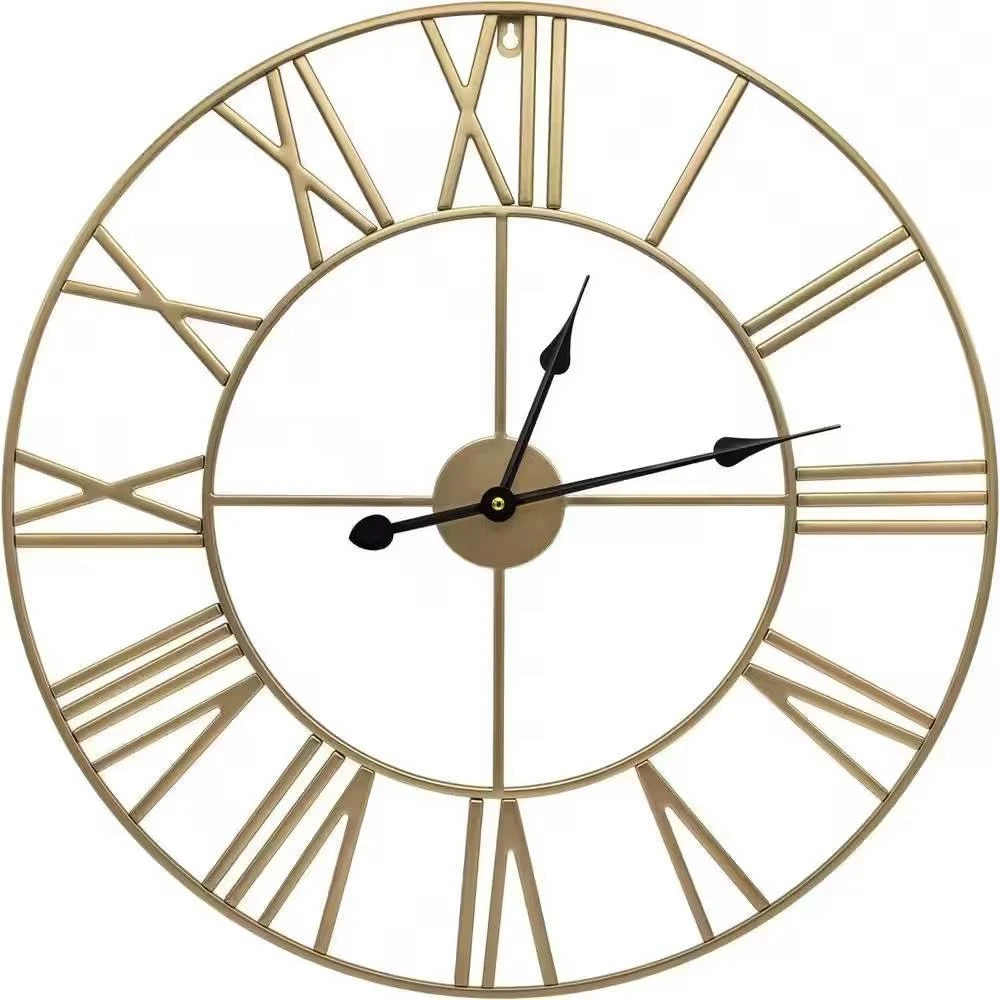 Hivvago Round 24-inch Decorative Gold Metal Wall Clock Roman Numerals and Black Hands