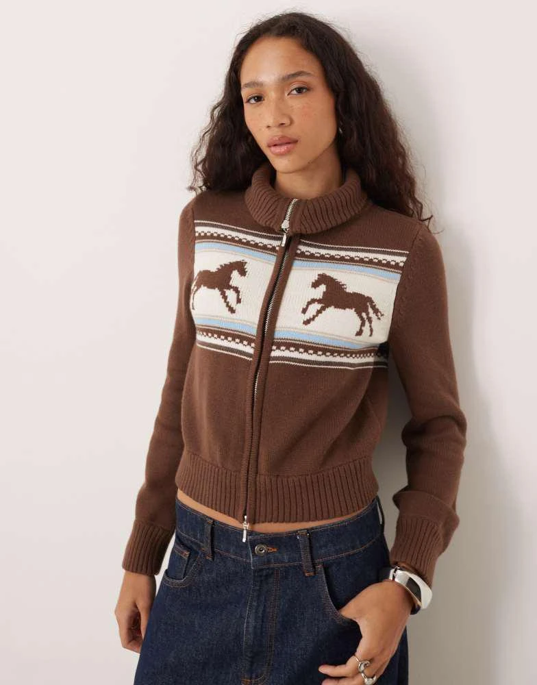 Abercrombie 
Fitch Abercrombie 
Fitch double zip foldover collar horse graphic cardigan in brown 1
