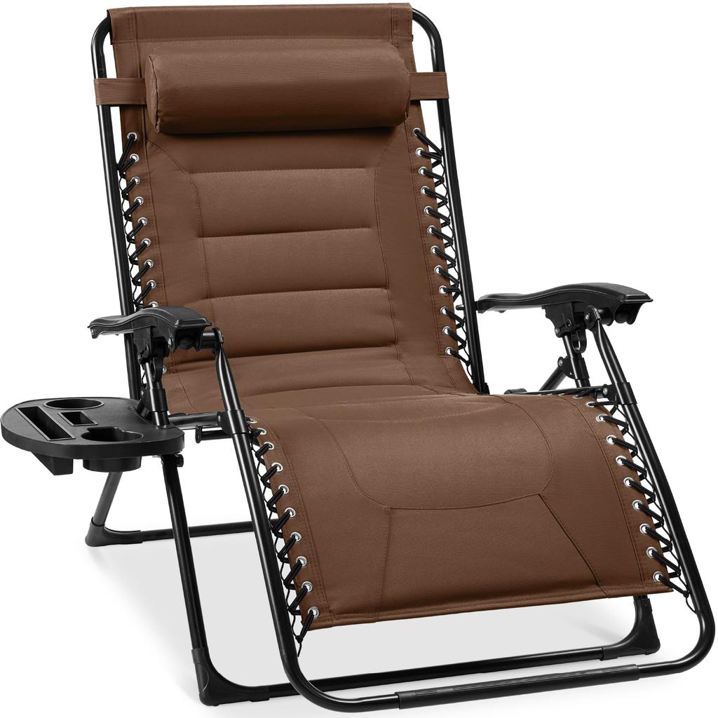 Best Choice Products Oversized Padded Zero Gravity Chair, Folding Outdoor Patio Recliner w/ Side Tray - Brown
