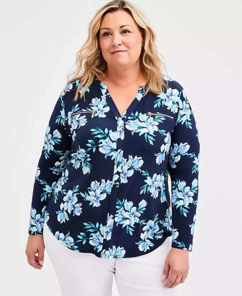 JM Collection Plus Size Printed Split-Neck Long-Sleeve Top, Macy
s Exclusive