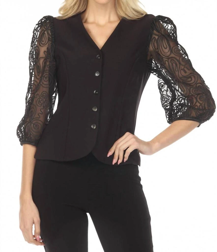 JOSEPH RIBKOFF Embroidered Mesh Sleeve Fitted Blazer In Black