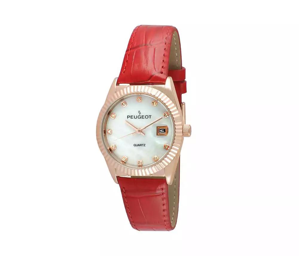 Peugeot Women 36mm Red Fluted Bezel Watch with Leather Strap - Mother of Pearl Dial